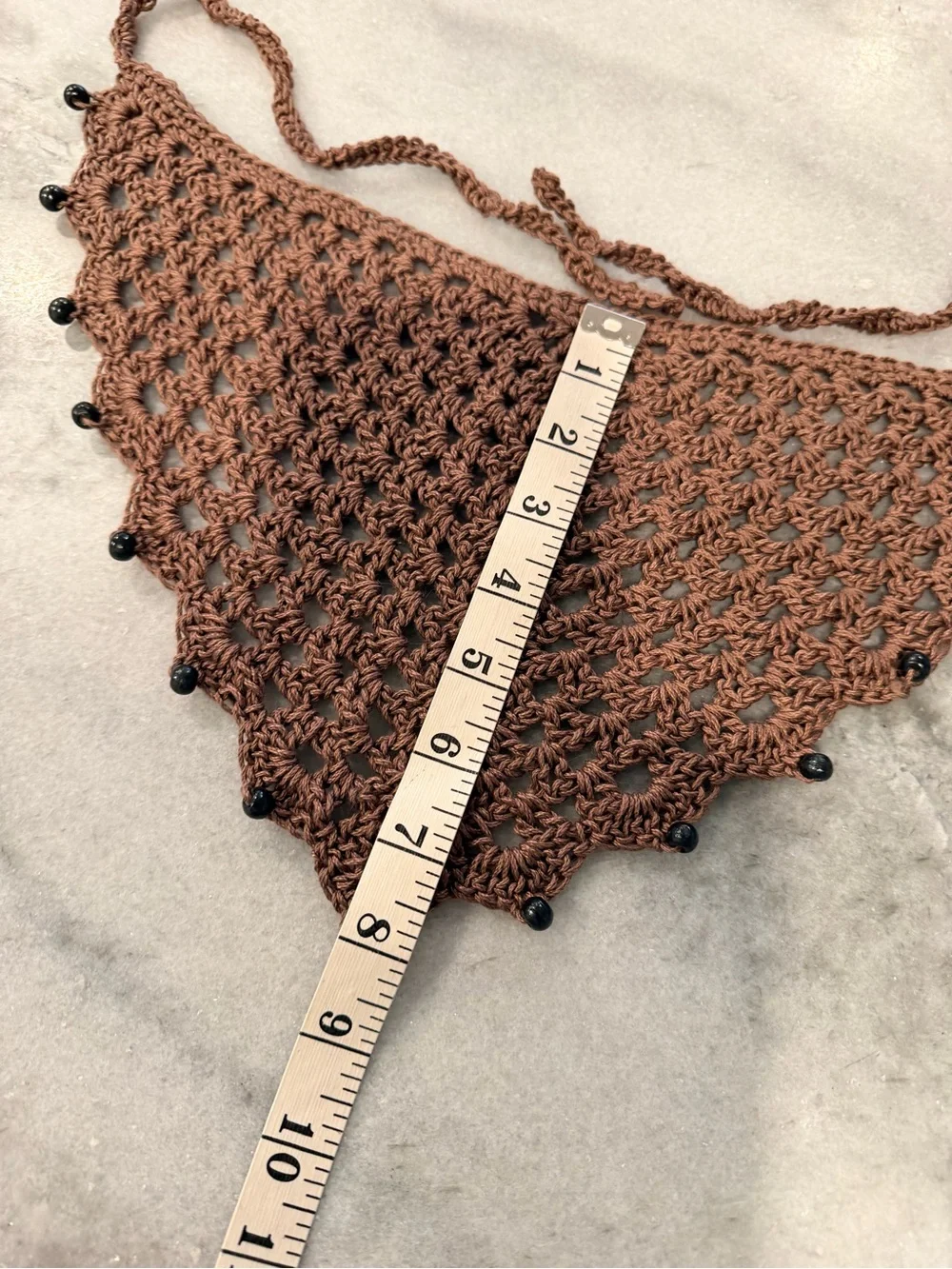 Handmade Crochet Wood Beaded Kerchief Head Scarf Cotton Boho Bandana Cottagecore